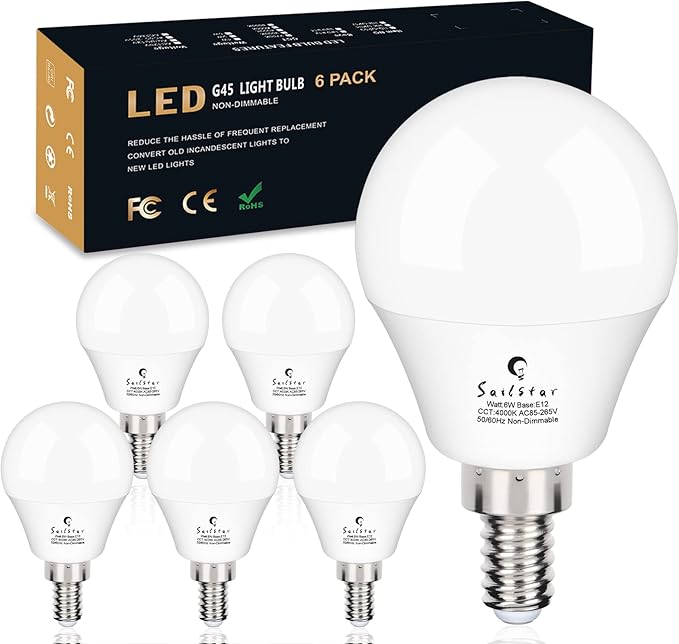 Sailstar Ceiling Fan Light Bulbs, E12 LED Bulb 60W Equivalent, Neutral White 4000K, 600 Lumens, A15 Small Candelabra Base LED Light Bulbs 6W, CRI 85, Non-dimmable, Pack of 6