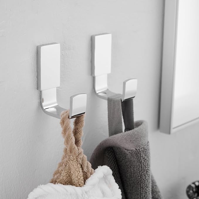 BESy Brass Clothes Hook Single Towel Hook for Bathroom Kitchen Garage Square Style Robe Hooks Coat and Hat Hook, Self Adhesive with Glue or Wall Mounted with Screws, Two Packs, Polished Chrome