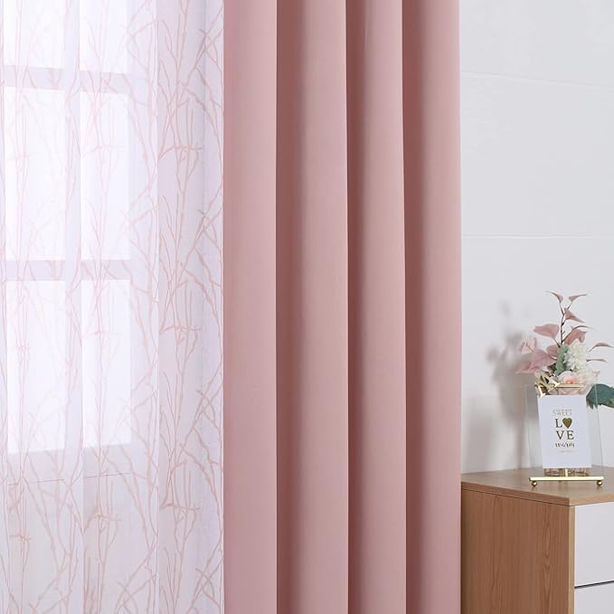 BONZER Mix and Match Curtains - 2 Pieces Branch Print Sheer Curtains and 2 Pieces Blackout Curtains for Bedroom Living Room Grommet Window Drapes, 37x63 Inch/Panel, Blush, Set of 4 Panels