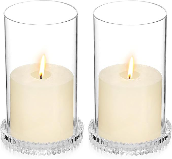 Hurricane Glass Candle Holders Set of 2, Serrated Round Candle Stand for Pillar Candles Modern CandleHolders Cylinder Chimney Cover for Outdoor Wedding Decor Parties & Table Centerpieces