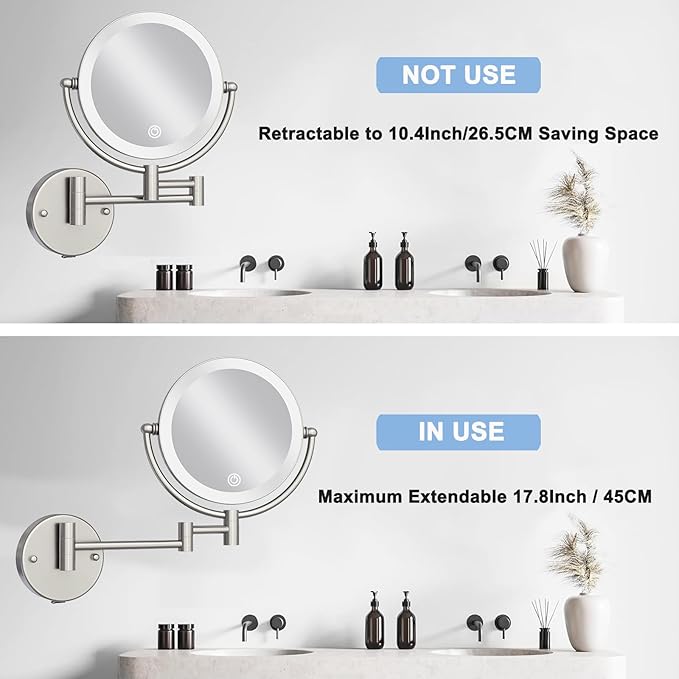 8" Rechargeable Lighted Wall Mounted Makeup Mirror with Magnification, Double-Sided 1X/10X Magnifying Foldable Touch Control 360 Swivel Extendable Arm for Bathroom, Brushed Nickel
