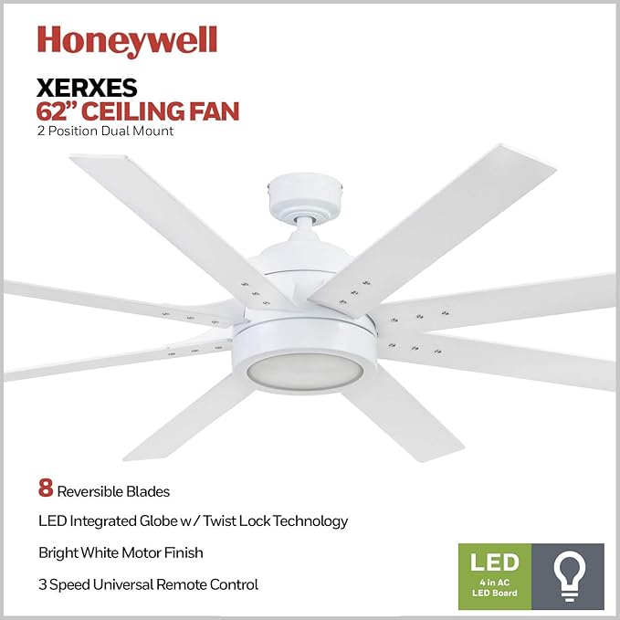 Honeywell Ceiling Fans Xerxes Modern 62 Inch Ceiling Fan with Light, Remote Control Fan, LED Indoor Fan with 8 Blades, White and Gray Wash Blade Finish Options, White (51628-01)
