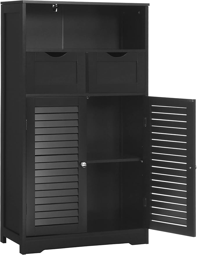 WEENFON Bathroom Storage Cabinet with 2 Drawers & 2 Shutter Doors, Floor Cabinet with Adjustable Shelf, for Living Room, Hallway, Home Office, Black