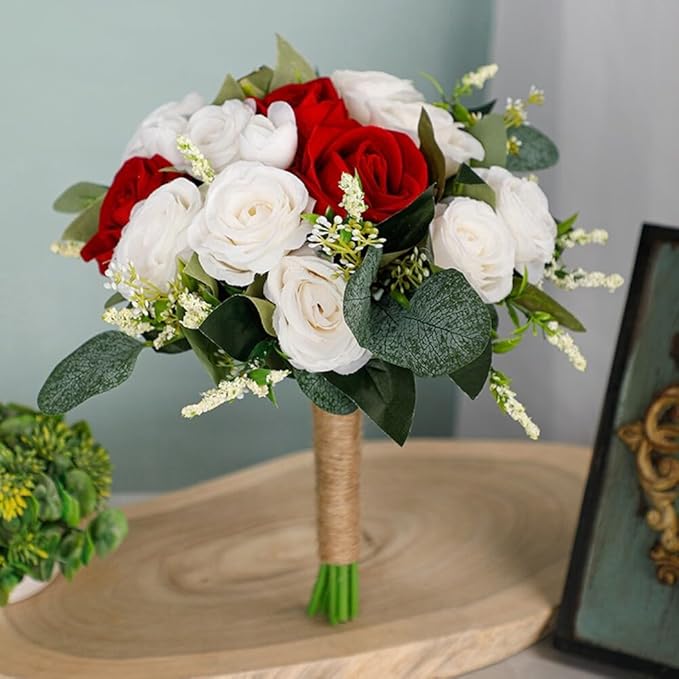 Rose Wedding Bouquet - Artificial Red White Flowers for Bride and Bridesmaid - Faux Holding Flower for Wedding Decor