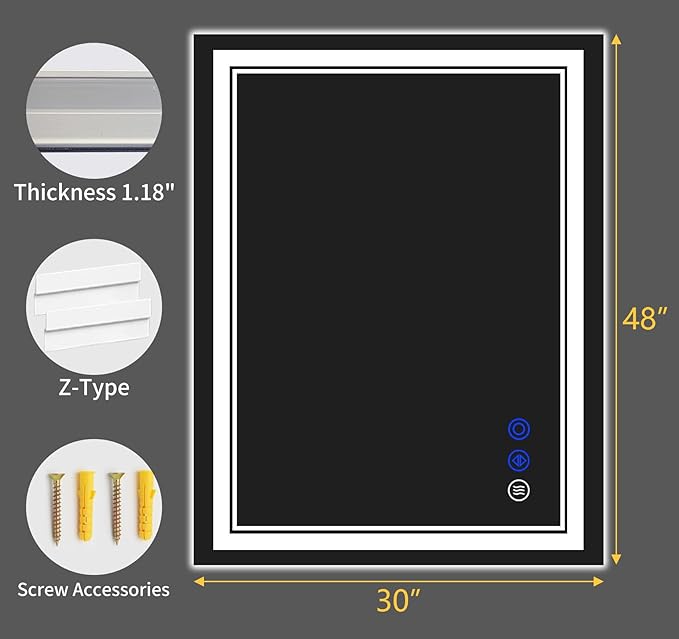 48"x30" LED Bathroom Mirror with Anti-Fog, Stepless Dimmable Lights, 3 Color Modes, Shatter-Proof Tempered Glass, Memory Function & Waterproof Design