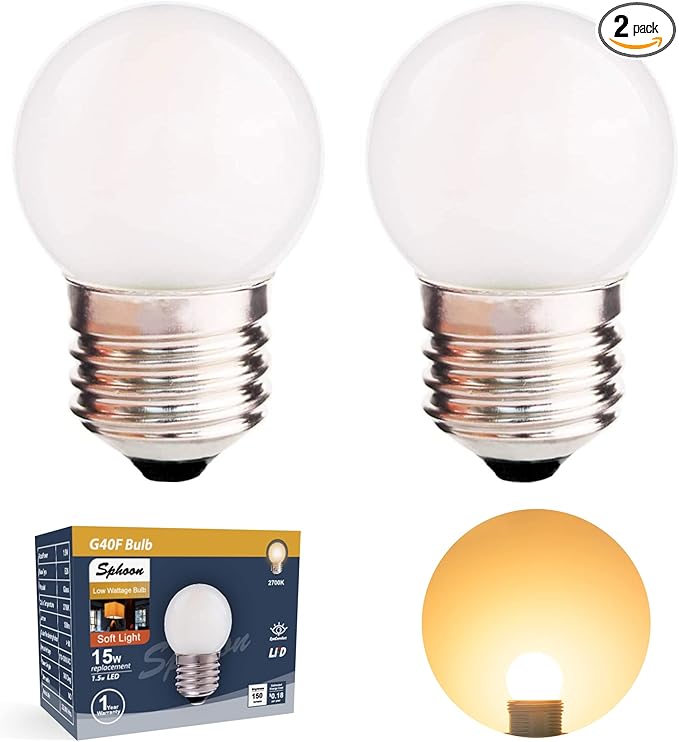 G40 1.5w Low Wattage Led Bulb Equivalent 15 Watt Standard E26 Base G14 Small Low Power Light Bulb, Frosted, Warm White 2700k, CRI 90+, 150lm, Pack of 2