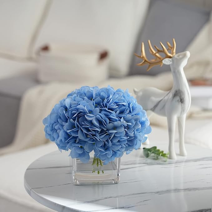 Silk Blue Artificial Hydrangea in Vase with Faux Water, Silk Flower Arrangements in Vase for Home Decor, Wedding Table (Blue)