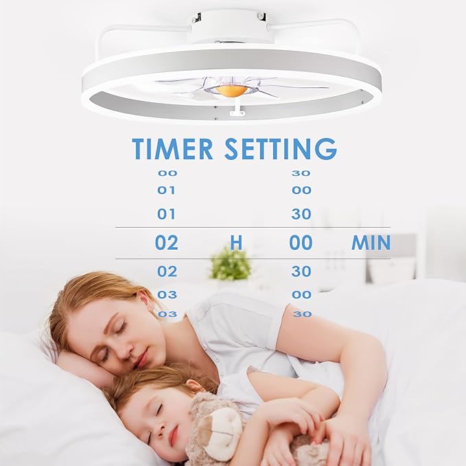 Ceiling Fans with Led Lights and Remote for Bedroom- Low Profile Flush Mount- 20” Modern Bladeless Enclosed Small Ceiling Fans with Stepless Dimming