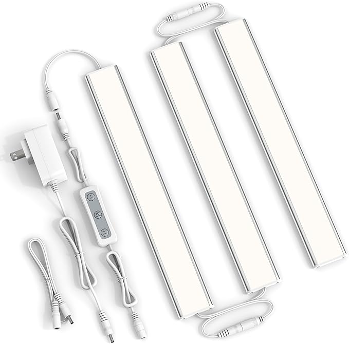 ASOKO Under Cabinet Led Light Plug in, Dimmable Daylight White 4000K, 3 Pack 12 inch Linkable Led Under Counter Lights 1500lm for Kitchen, Shelf, Workbench, Cupboard, Upgrade ETL Listed Plug 24V