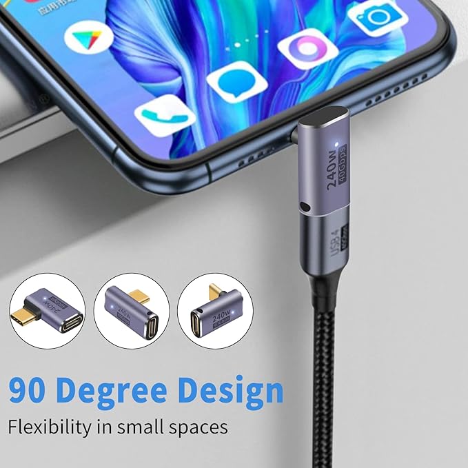 Duttek USB C 90 Degree Adapter [40Gbps, 240W Fast Charging and 8K Video ] USB C Angle Adapter Support Thunderbolt 4/3 Cable for Laptop, Tablet and Phones (3 Pack)