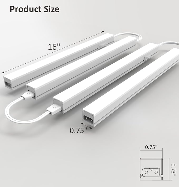 Under Cabinet Lighting Plug in, 16 Inch 4 Pcs, Linkable AC120V 3CCT 3000K/4000K/5000K Ultra Slim, LED Under Cabinet Lights for Counter Light, Kitchen, Shelf, Sink, Workshop, Desk, White