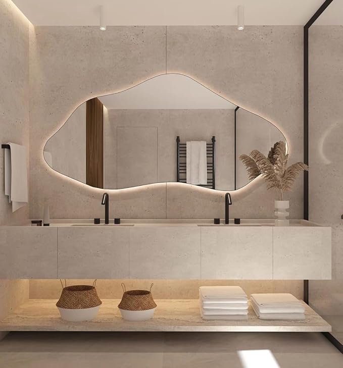Asymmetrical Bathroom LED Mirror, Modern Irregular Shape Wall Mirror with LED Lights, Frameless Aesthetic Backlit LED Illimunated Vanity Mirror (25" x 13" inc)