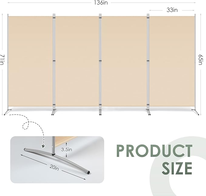 RANTILA 4 Panel Room Divider, 6 Ft Tall Folding Privacy Screen Room Dividers, Freestanding Room Partition Wall Dividers, 136''W x 20''D x 71''H, Beige