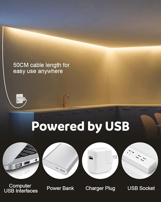 Aclorol COB LED Strip Lights for TV 5V USB Powered Warm White 6.56FT 320Leds/M COB Flexible Light Strip TV Led Backlight for Bedroom Under Cabinet Kitchen DIY Lighting Project 3000K CRI85+ 2M