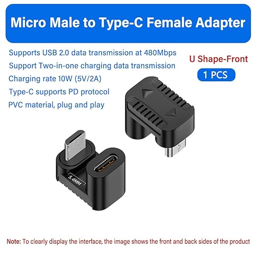 2 PCS USB C to Micro USB Charging Data Adapter Plug U Shaped Angle typeC Female to Micro USB Male 180 Degree U-Shaped Angle Down Connector 480Mbps 5V 2A for Mobile Phone. Tablet