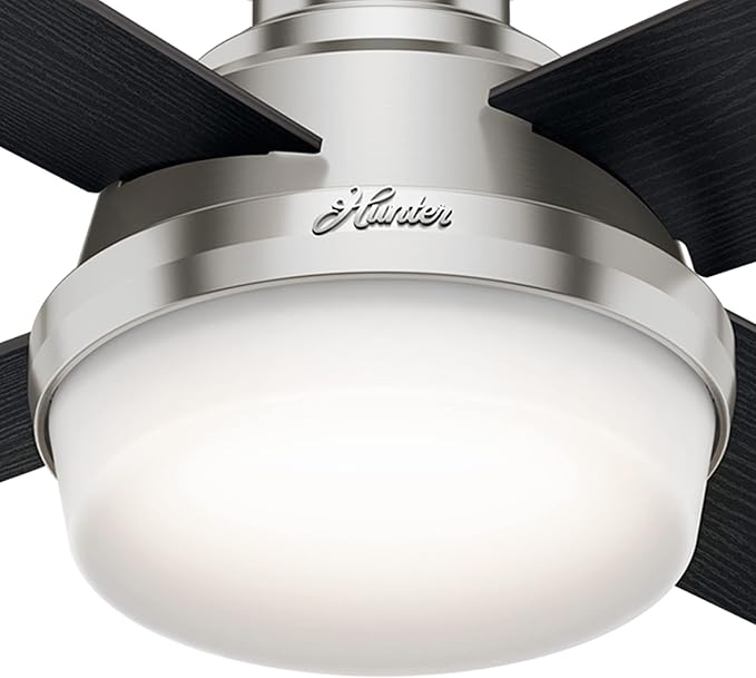 Hunter 44 inch Indoor Ceiling Fan with LED Light and Remote Control - Modern Ceiling Fan, Low Profile Mount, 4 Black Oak Blades, For Bedroom, Living Room, or Kitchen - Dempsey 59243, Brushed Nickel