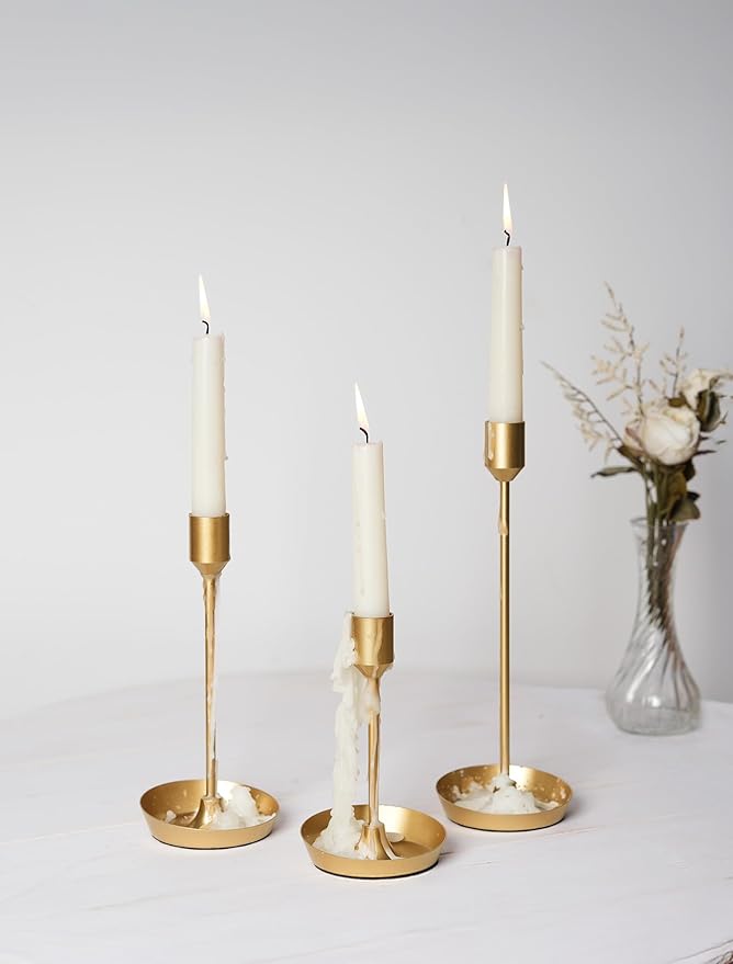 NUPTIO Taper Candle Holders for Centerpiece: 3 Pcs Matte Gold Candlestick Holder for Wedding - Brass Tall Candle Stick Holder for Christmas Party Dinner Table Fireplace Decor