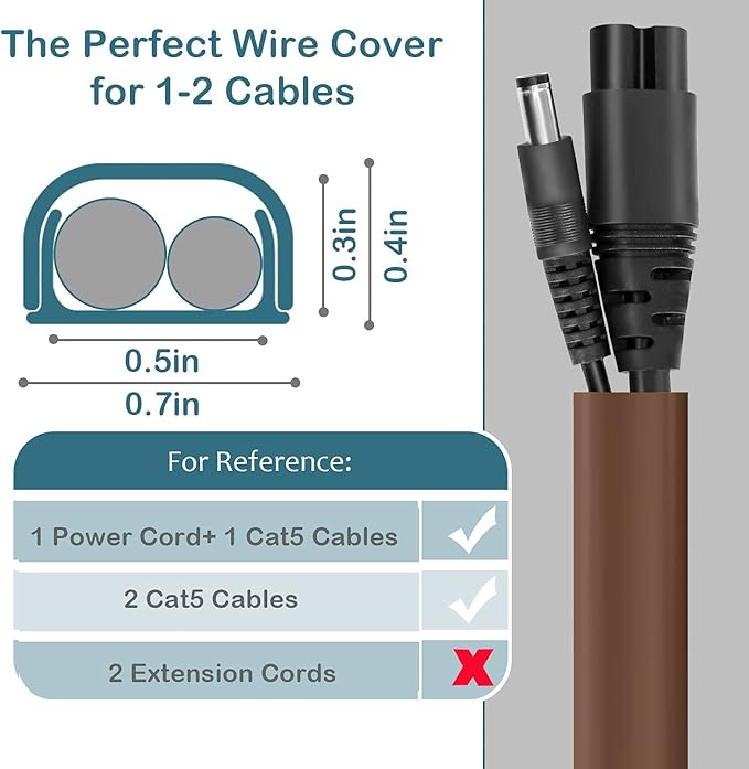 ZhiYo Wire Covers for 2 Cords, Wire Hider on Wall Mounted, Cord Cover Kit, Cable Cover Paintable, Cable Concealer for Extension Cord, Ethernet Cable, Speaker Wire Hider, Brown W0.7in H0.4in