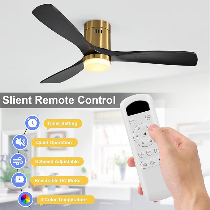 Sofucor 52 Inch Ceiling Fans with Lights, Flush Mount Black Indoor/Outdoor Ceiling Fan with Light Remote Control, Reversible DC Motor, 3 Blade Solid Wood Ceiling Fan Light for Bedroom Patio Farmhouse