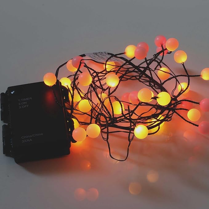 QBIS 40 LED Berry Cluster Lights - Red, Orange & Yellow Battery Powered Christmas Lights with Timer, String Lighting Perfect for Christmas, Fall and Fireplace Cozy Lighting. Indoor and Outdoor use.