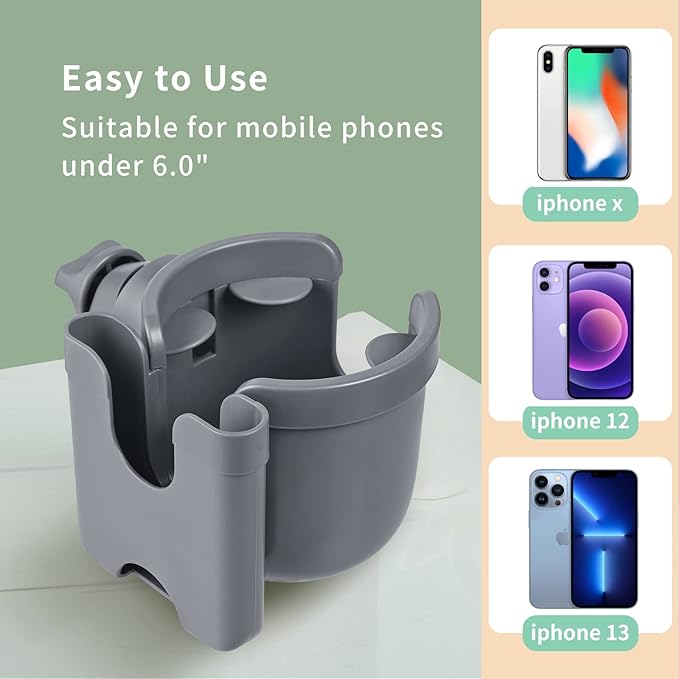 Suranew Adjustable Stroller Cup Holder with Phone Holder for Baby Stroller for Family Members, Gery