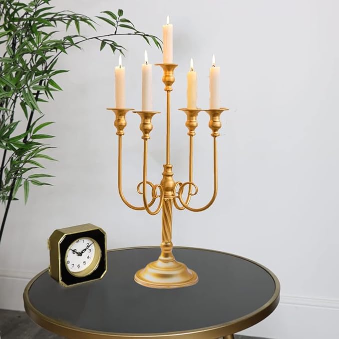 Metal Candelabra Gold Candle Stand 20in Tall, 5-Candle Candlestick Holder for Taper Candles, Candle Holder for Wedding Centerpiece Christmas Valentine Holiday Party Event Reception Decor, 2Pcs