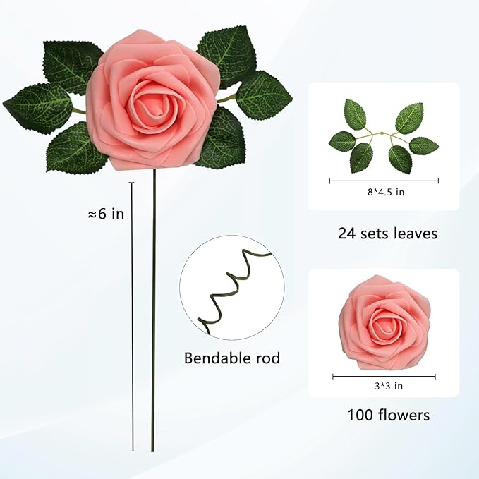 JOYLEX 100Pcs Pink Artificial Flowers Realistic Roses, Real Looking Fake Roses with Stem for DIY Wedding Bouquets Centerpieces Bridal Shower Party Home Romantic Decorations (Pink, 100pcs)