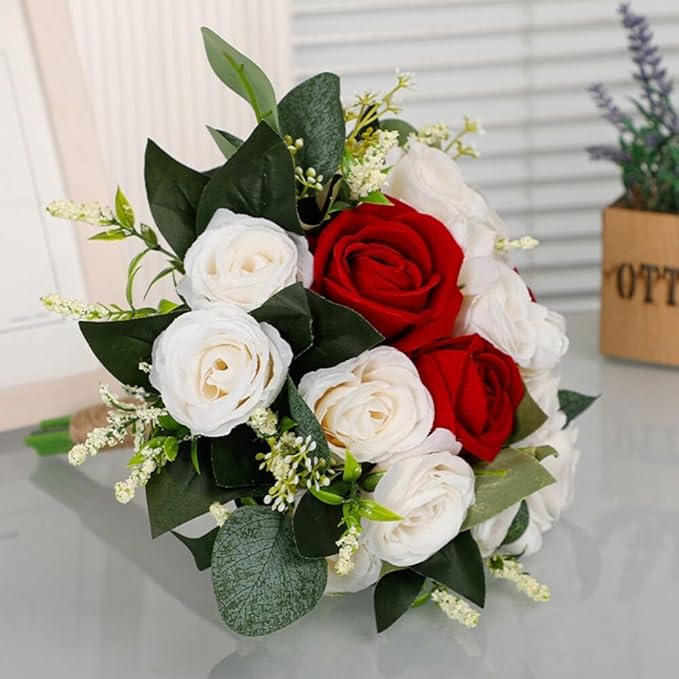 Rose Wedding Bouquet - Artificial Red White Flowers for Bride and Bridesmaid - Faux Holding Flower for Wedding Decor