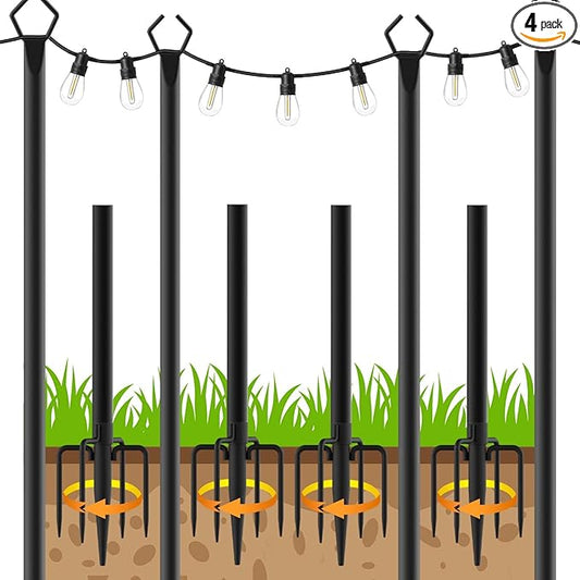 4 Pack 10Ft String Poles, Poles for Outside String Lights,Outdoor with Fork,Metal Poles Stand for Patio,Backyard,Deck