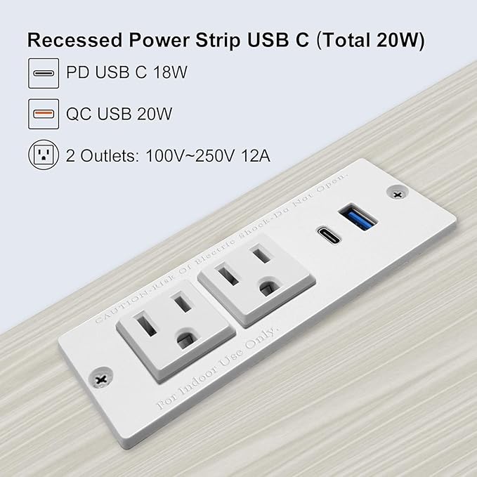 4 LEAF USB C Recessed Power Strip Fast Charge Desktop Power Station 2 Outlets 2 USB (PD20W & QC18W, Total 20W) Mountable Flat Plug 10'ft Extension Cord Mount for Tabletop Sofa Cabinet Nightstand