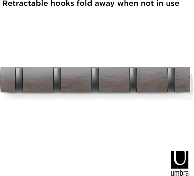 Umbra Flip Wall-Mounted Coat Rack with 5 Hooks – Modern, Space-Saving Storage for Hats, Jackets, Bags, Entryway, Mudroom, Closet, Bathroom, Bedroom – Grey/Pewter
