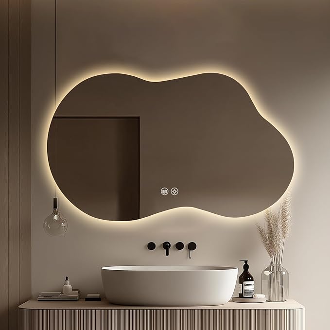 LED Bathroom Mirror with Lights 24x40, Stepless Dimmable Irregular Backlit Mirror with 3 Colors, Anti-Fog, Memory, Al-Alloy Lampshade, Frameless Smart Mirror for Bathroom (Horizontal/Vertical)