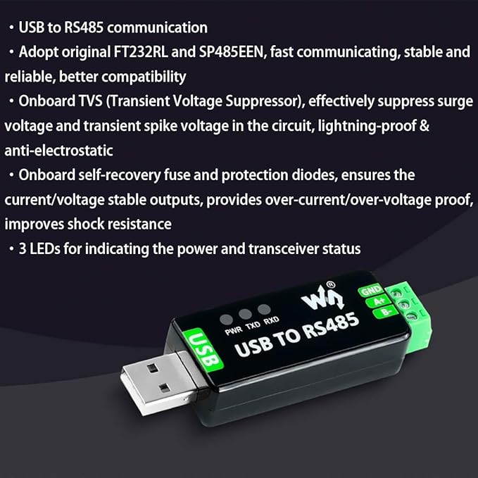 USB to RS485 Converter Industrial Adapter Original FT232RL and SP485EEN Fast Communication Embedded Protection Circuits Resettable Fuse ESD Protection