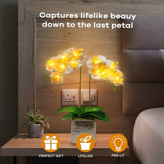 Orchid Lamp-LED Lighted Orchid Arrangements,Pre Lit Artificial Orchid,Light Up Flower Lights, Faux Orchid Phalaenopsis Arrangement (15", White)