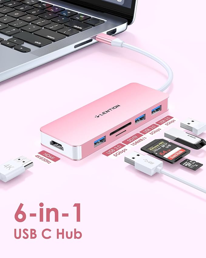 LENTION 5 in 1 USB to USB-C Adapter with Micro SD/SD Card Reader for iPhone, 4K@30Hz HDMI to USB C Hub Multiport Adapater with 3 USB 3.0 Compatible with 2025-2018 MacBook Pro MacBook Neo(Rose Gold)