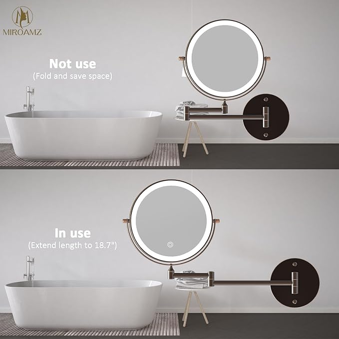 Rechargeable Wall Mounted Lighted Makeup Vanity Mirror 8 Inch Double Sided 1X 10X Magnifying Bathroom Mirror, 3 Color Lighting, Touch Screen Dimming, 360 Rotation Oil Rubbed Bronze