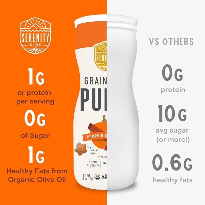 Serenity Kids 6+ Month Grain Free Puffs Toddler & Baby Snack - No Added Sugar - No Gluten or Rice - BPA & Allergen Free - With Organic Cassava, Veggies & Herbs - Pumpkin & Cinnamon - 6 Count