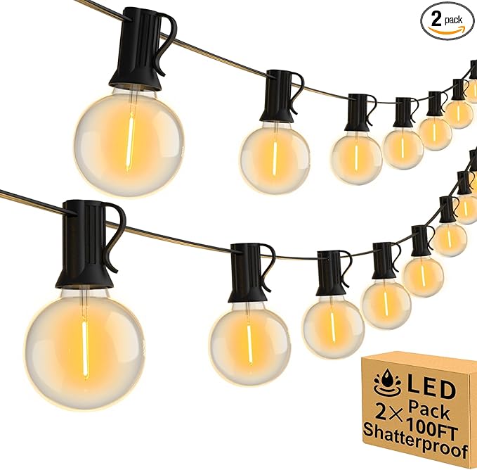 200ft 2-Pack Outdoor String Lights,Dimmable G40 LED String Lights with 104 Shatterproof Clear Bulbs UL Approval Waterproof Globe 1W 2700K Outdoor Lighting for Backyard Porch Cafe Party Wedding Garden