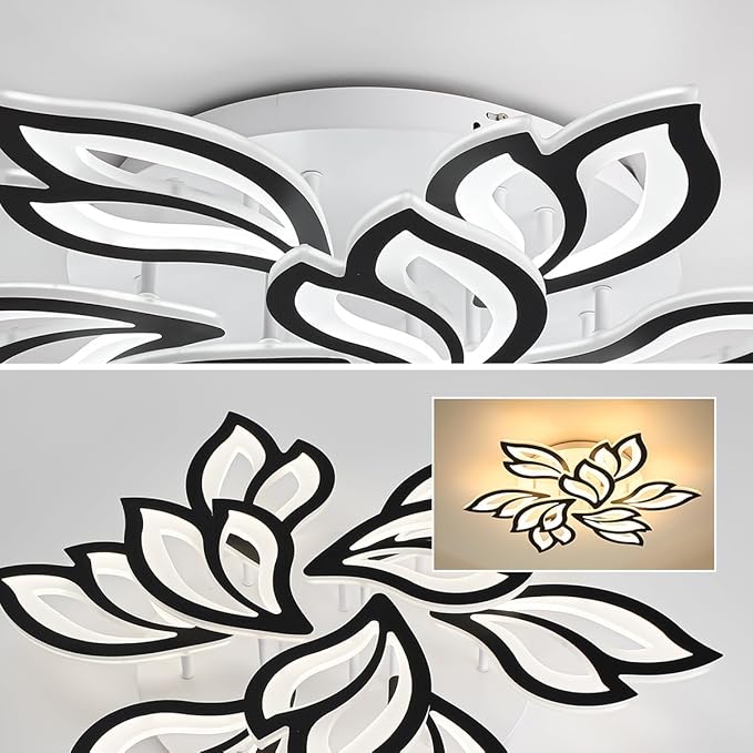 Garwarm LED Ceiling Light, Dimmable Modern Flower Shape Flush Mount Ceiling Lamp, 75W Acrylic Petals Ceiling Chandelier Lighting with Remote Control for Living Room Bedroom Dining Room (Black)