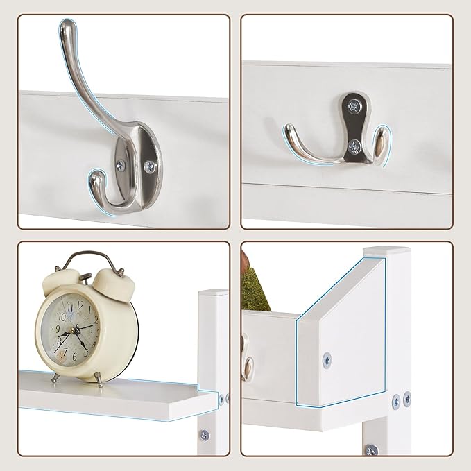 YMYNY 31.5" Coat Rack Wall Mount with Shelf, 4 in 1 Key and Coat Hanger with 12 Metal Hooks, Wall Shelf with Hooks & Mail Holder for Living Room, Bedroom, White, HWS007W-2