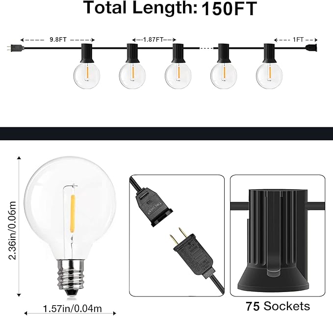 GPATIO 150FT Outdoor String Lights, Waterproof Patio Lights with 77 Dimmable Hanging Light Globe G40 Bulbs, 2700k Shatterproof Connectable for Backyard Gazebo Porch Outside Decor