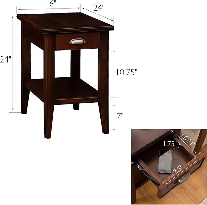 Laurent Narrow End Table, Solid Wood with Drawer and Shelf, Chocolate Cherry Brown, Perfect for Living Rooms, Bedrooms, and Small Spaces – Leick Home, 10506