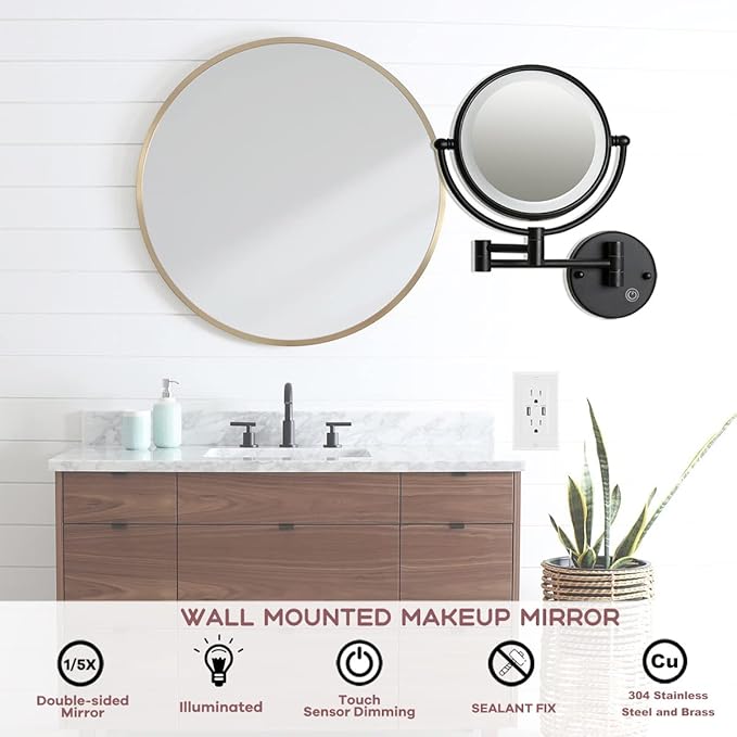 Hard Wired Make up Mirror Magnifying Lighted Black Wall Mounted, 8" 1X/5X Double-Sided 360 Swivel Extendable Arm Bathroom Makeup Mirror Wall Mount, Touch Dimmable, Matt Black