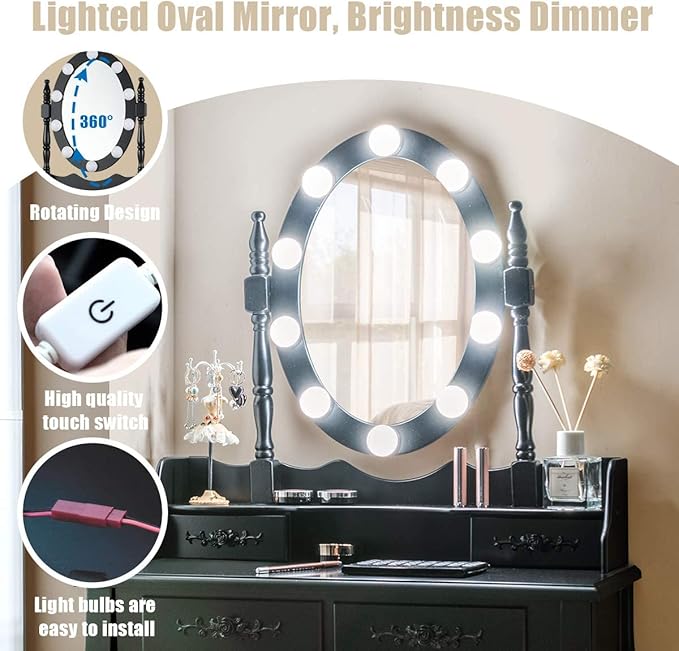 Giantex Makeup Vanity Table with 10 LED Lights, Adjustable Brightness, 4 Drawers, Rotatable Mirror, Cushioned Stool, Vanity Desk Dressing Table Bedroom Furniture (Black)
