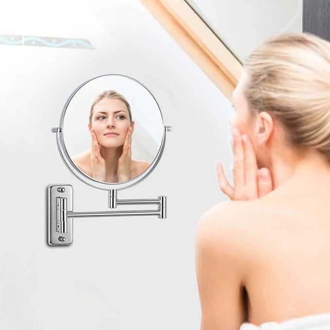 Wall Mounted Makeup Mirror 1X/10x, 8" Double-Sided Swivel Extendable Mirror for Bathroom, Chrome Finish