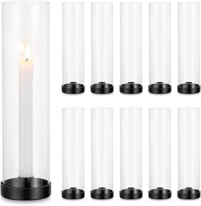 Romadedi Glass Hurricane Candle Holders Black - 12 Inch Taper Candlestick Holder Bulk Clear Glass Cylinder Table Centerpiece Wedding Decor Party Birthday Christmas Home Decorations, Set of 10