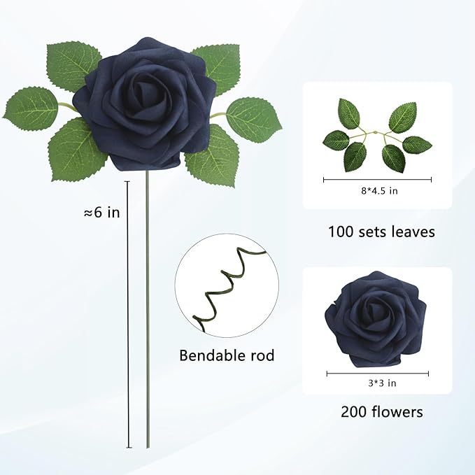 JOYLEX Artificial Flowers Realistic Roses, Real Looking Fake Roses with Stem for DIY Wedding Bouquets Centerpieces Bridal Shower Party Home Romantic Decorations (Navy Blue, Regular 3" - 200pcs)