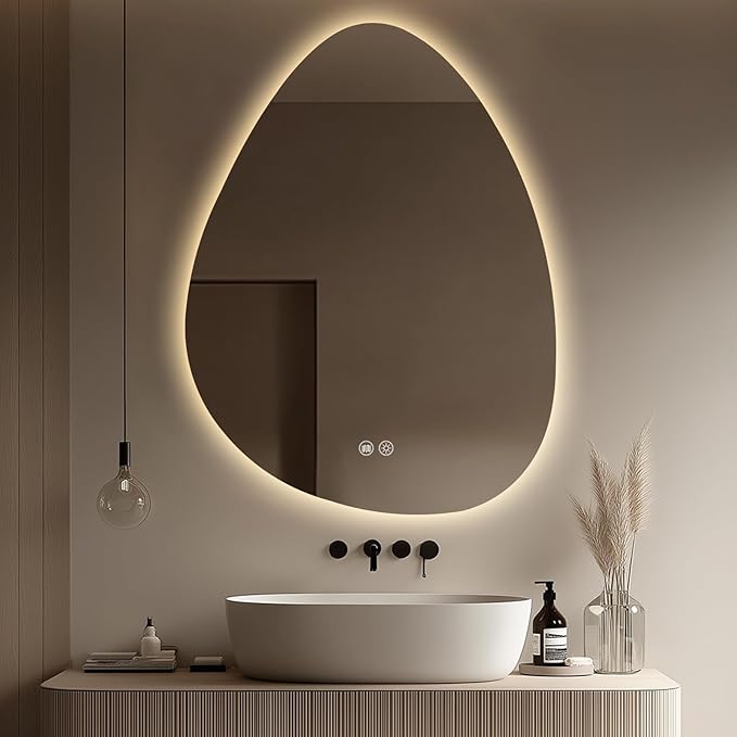 LED Light Bathroom Mirror 24x32, Stepless Dimmable Irregular LED Mirror with 3 Colors, Anti-Fog, Memory, Al-Alloy Lampshade, Frameless Makeup Mirror for Bathroom (Horizontal/Vertical)