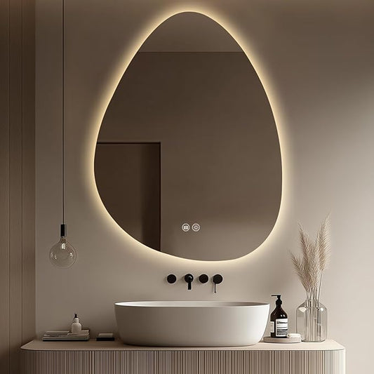 LED Light Bathroom Mirror 24x32, Stepless Dimmable Irregular LED Mirror with 3 Colors, Anti-Fog, Memory, Al-Alloy Lampshade, Frameless Makeup Mirror for Bathroom (Horizontal/Vertical)