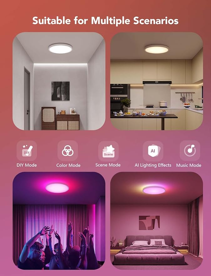 Govee Smart Ceiling Light, RGBIC LED Ceiling Light Fixture, 2400LM Flush Mount Light Fixture, DIY Colors, Works with Alexa, 2200K-6500K Ceiling Lights for Bedroom, Living Room, 12 Inch, 2 Packs